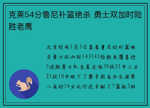 克莱54分鲁尼补篮绝杀 勇士双加时险胜老鹰